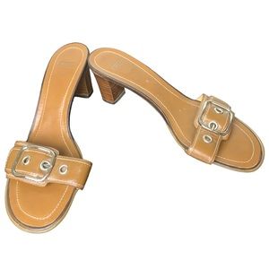 Coach Tan Natalie Italian Leather Buckle Open Toe Slip On Kitten Heeled Sandals